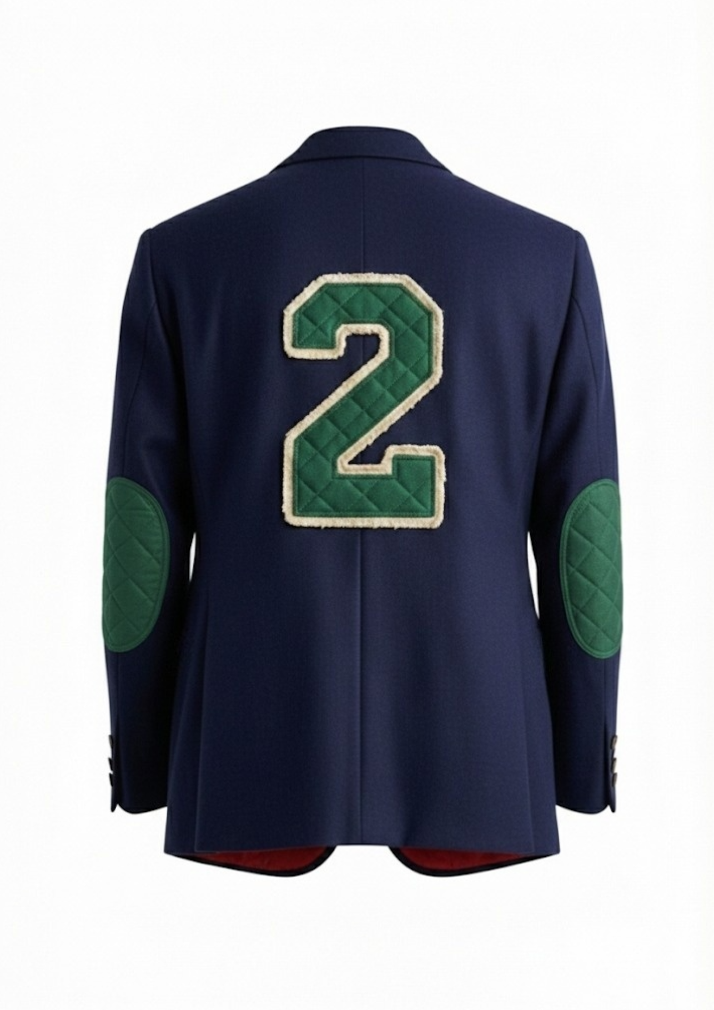 Back view of Navy Blue Varsity Blazer showing large navy chenille number 2 patch.