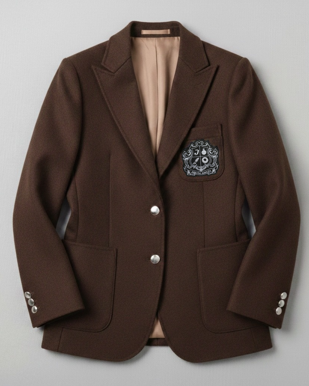 Brown wool blazer for women, slim-fit preppy jacket with embroidered patch.