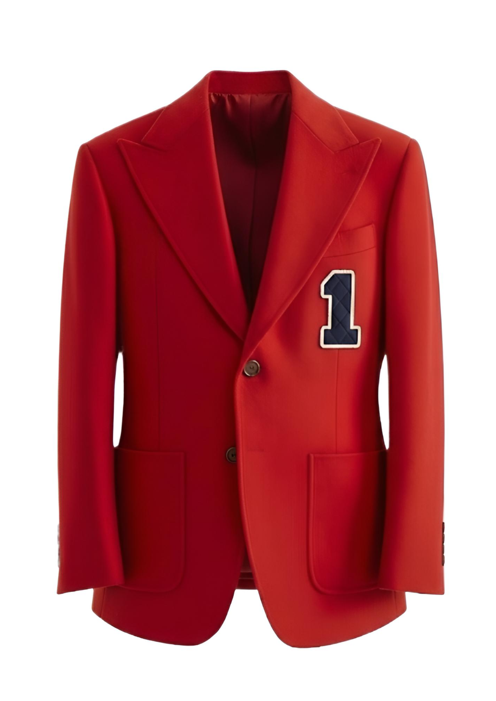 Red wool-blend blazer with single-breasted two-button closure and notched lapels.