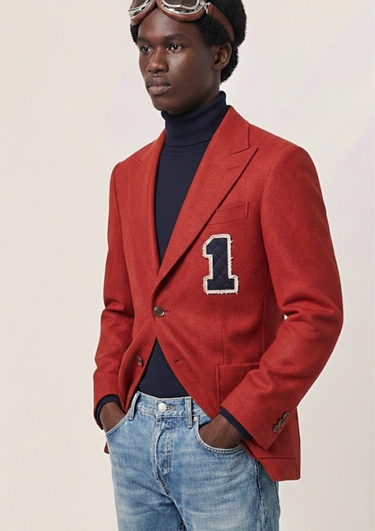 Front view of model wearing Wool-Blend Varsity Blazer with navy chenille patch.