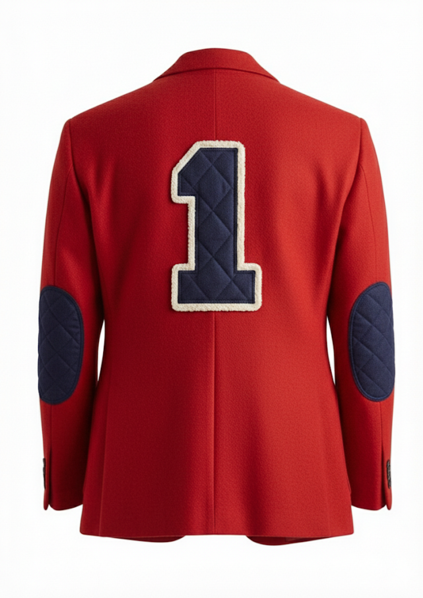 Back view of Varsity Blazer showing large navy chenille number 1 patch.