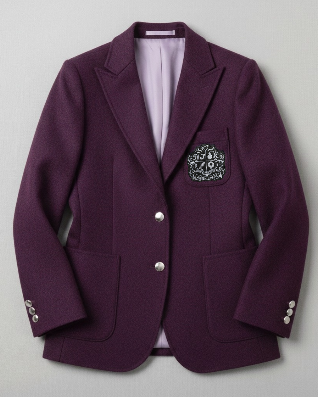 Purple wool blazer for women, slim-fit preppy jacket with embroidered patch.