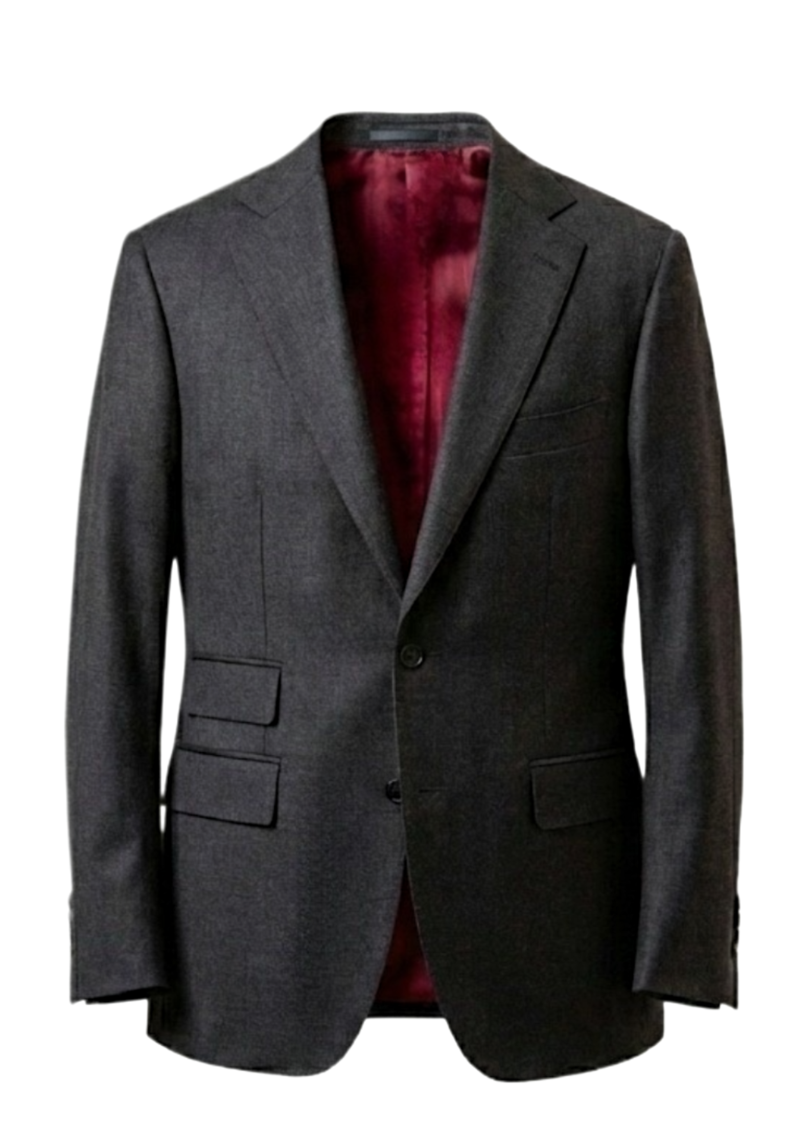 "Front view of men's black single breasted suit with notch lapels and red interior lining."