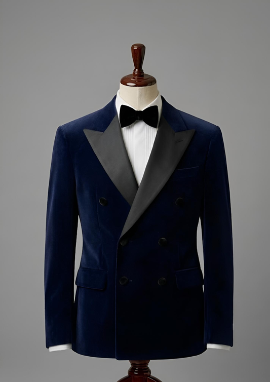 Men’s Luxury Navy Blue Velvet Double-Breasted Tuxedo Suit