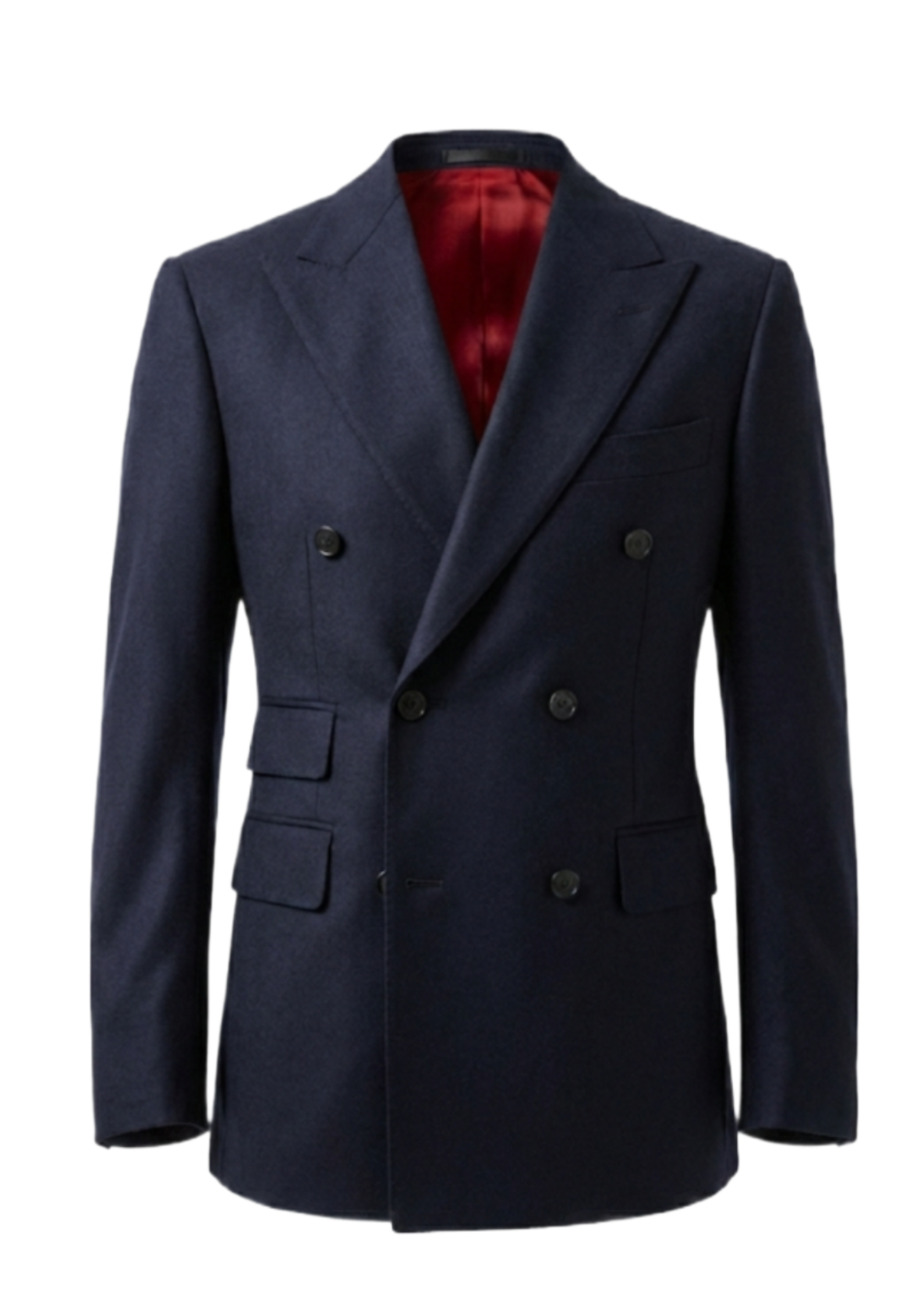 "Front view of men's Navy blue double breasted suit with peak lapels and red interior lining."