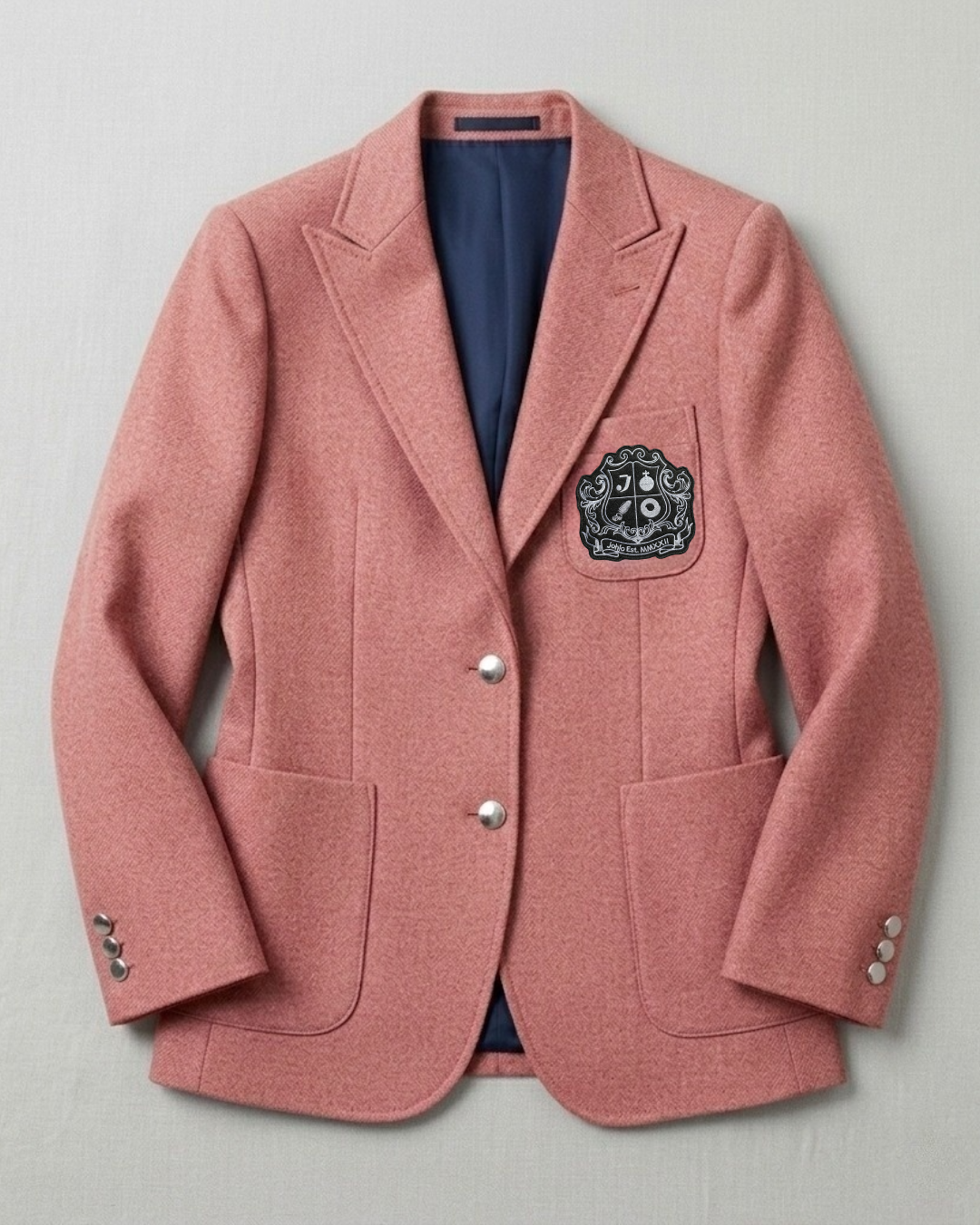 Pink wool-blend tailored blazer with suede-style elbow patches, Dark Academia style.