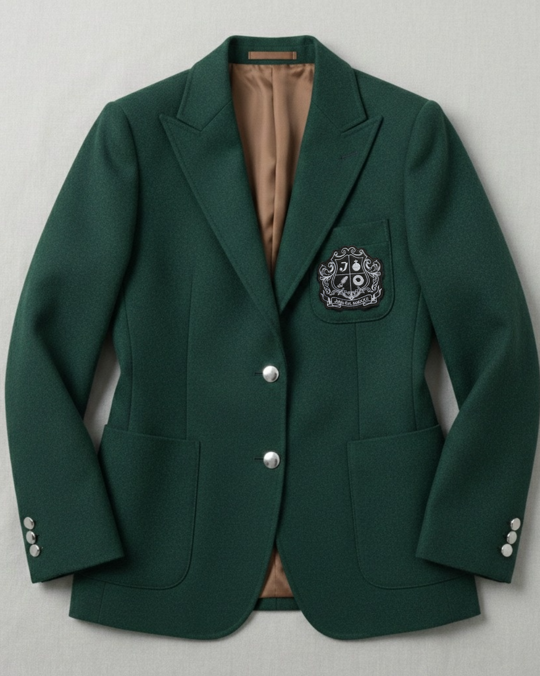 Green wool blazer for women, slim-fit preppy jacket with embroidered patch.