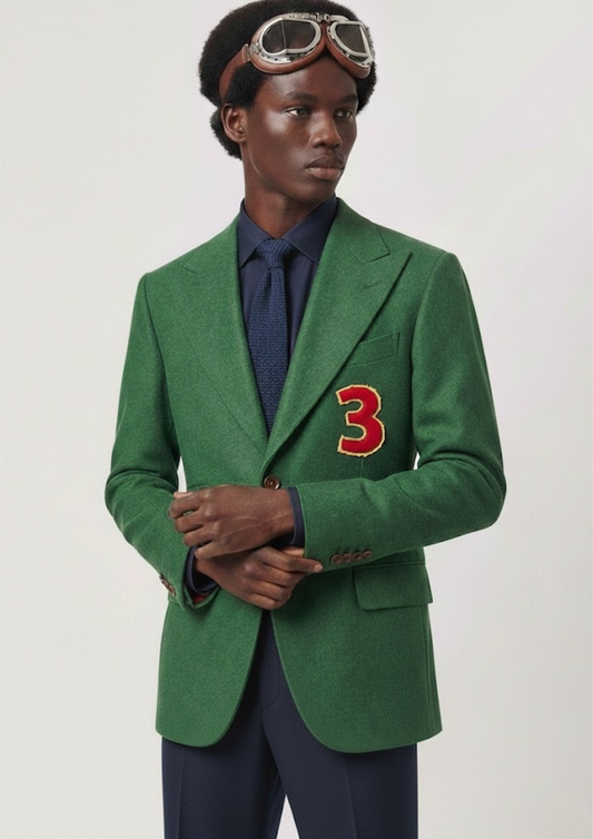 Front view of model wearing Green Wool-Blend Varsity Blazer with navy chenille patch.