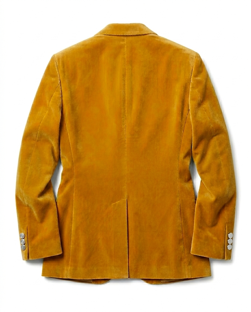 Rear view of Yellow velvet tailored blazer with elbow patches.