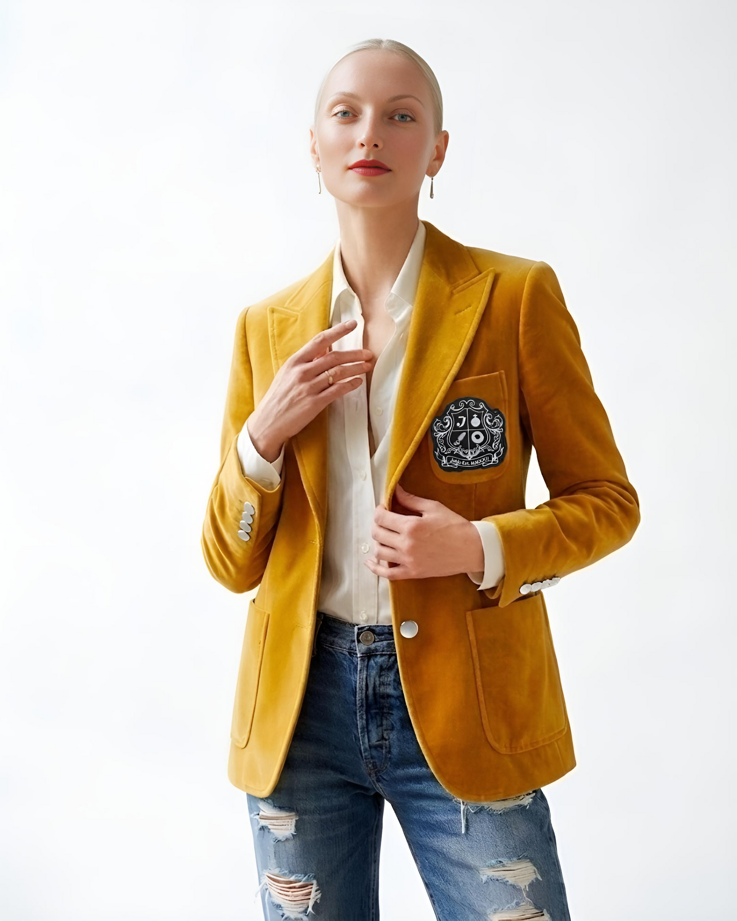 Women’s Yellow Velvet Blazer with Crest
